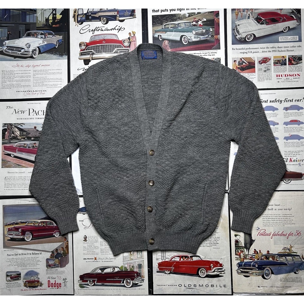 Vintage Pendleton Gray Wool Cardigan Sweater Mens Large Textured Knit USA Made